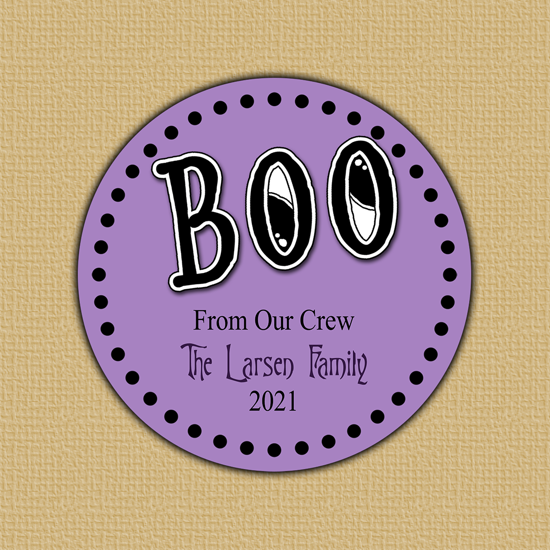 Boo Halloween Round Halloween Round Stickers -round light purple stickers with black text and ghost eyes peeping through the BOO graphic