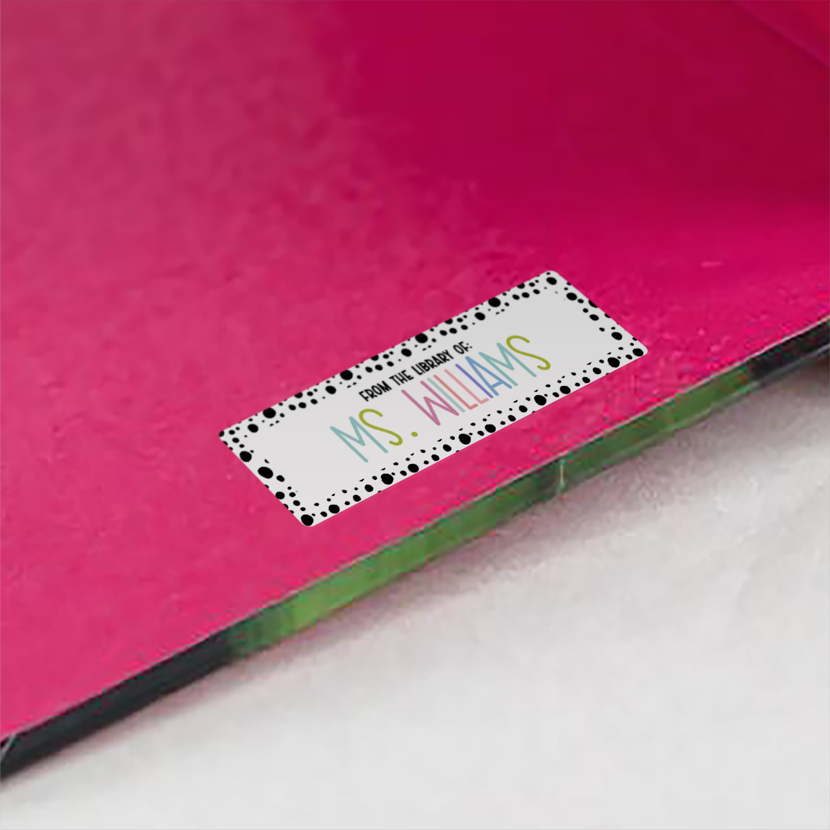 Spotted Border Name Stickers on red inside cover of book