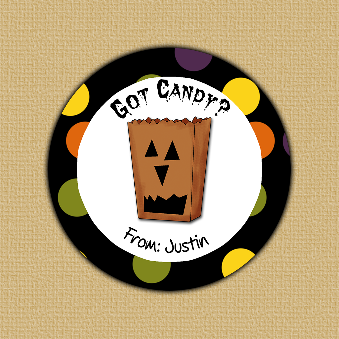 Treat Bag Halloween Round Halloween Round Stickers - jack-o-lantern treat bag surrounded by colorful dotted black border