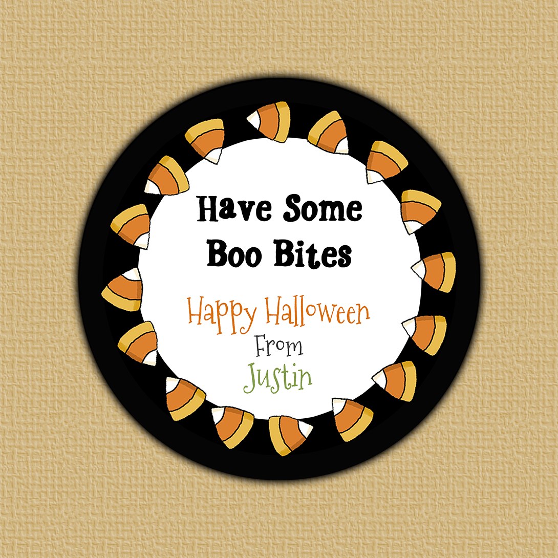 Candy Corn Border Halloween Round Halloween Round Stickers -round white sticker with colorful text surrounded by candy corn border in black