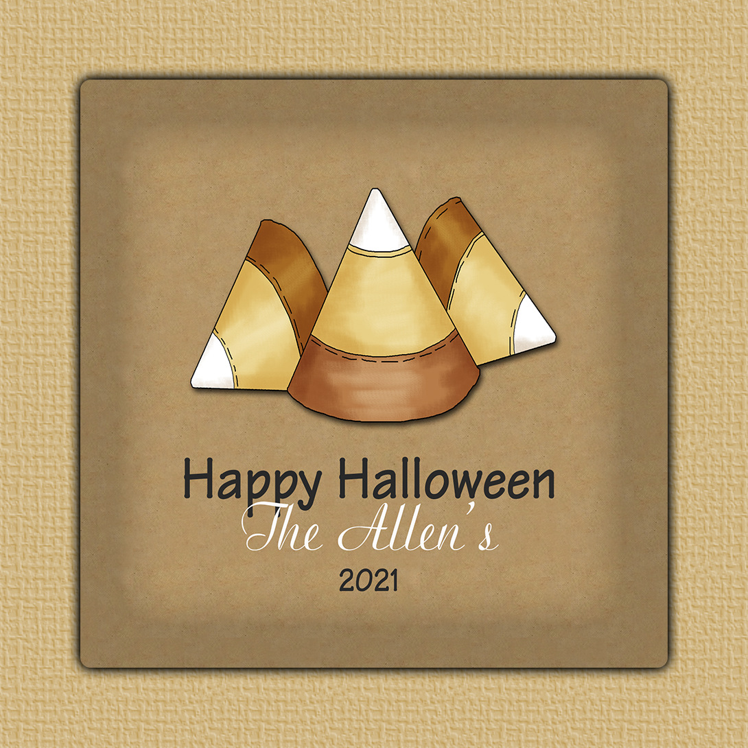 Candy Corn Square Halloween Sticker - Two candy corn candies on brown background with colorul font