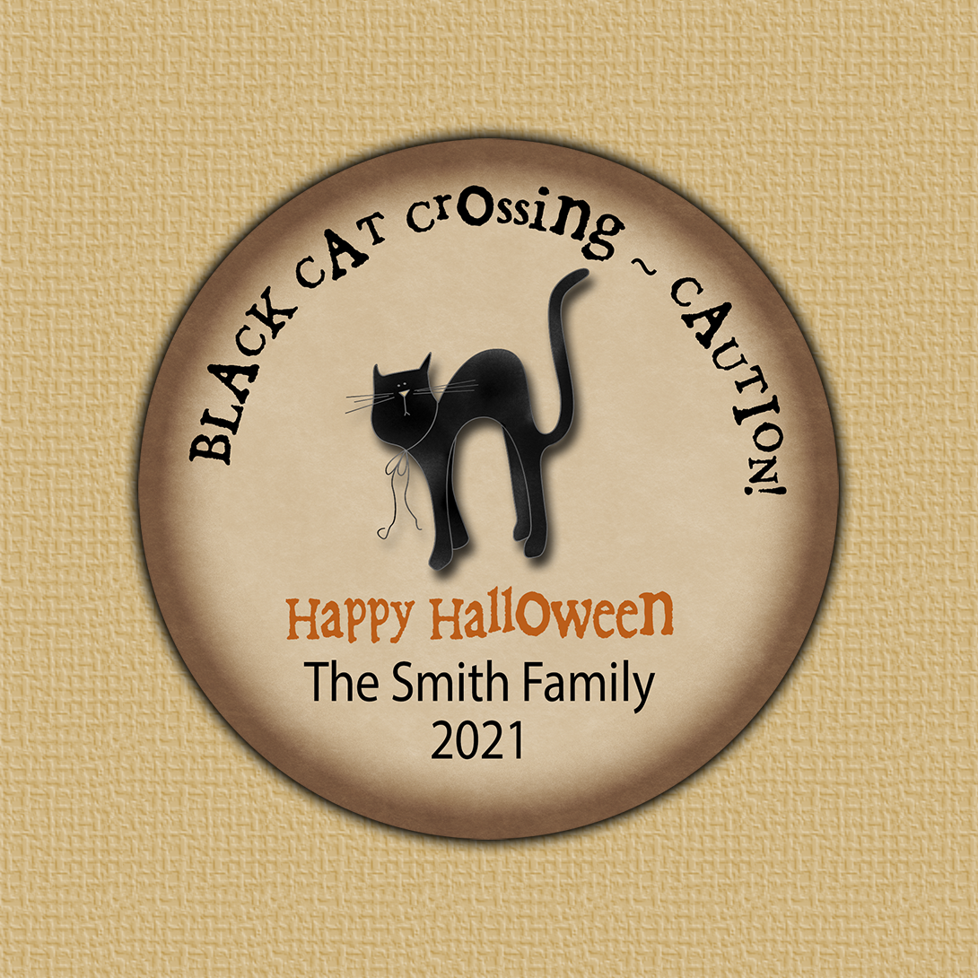 Black cat on brown background with creepy font, black cat crossing