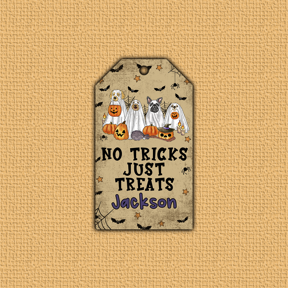 Halloween-themed tag with ghosts, pumpkins, and text on a textured beige background