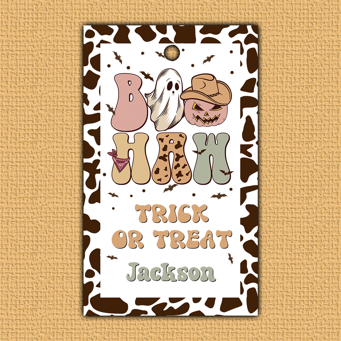Halloween-themed candy bar wrapper with cartoon characters on a textured brown background