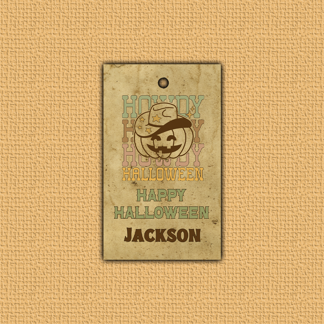 Vintage-style Halloween tag with cowboy design and text on a beige textured background