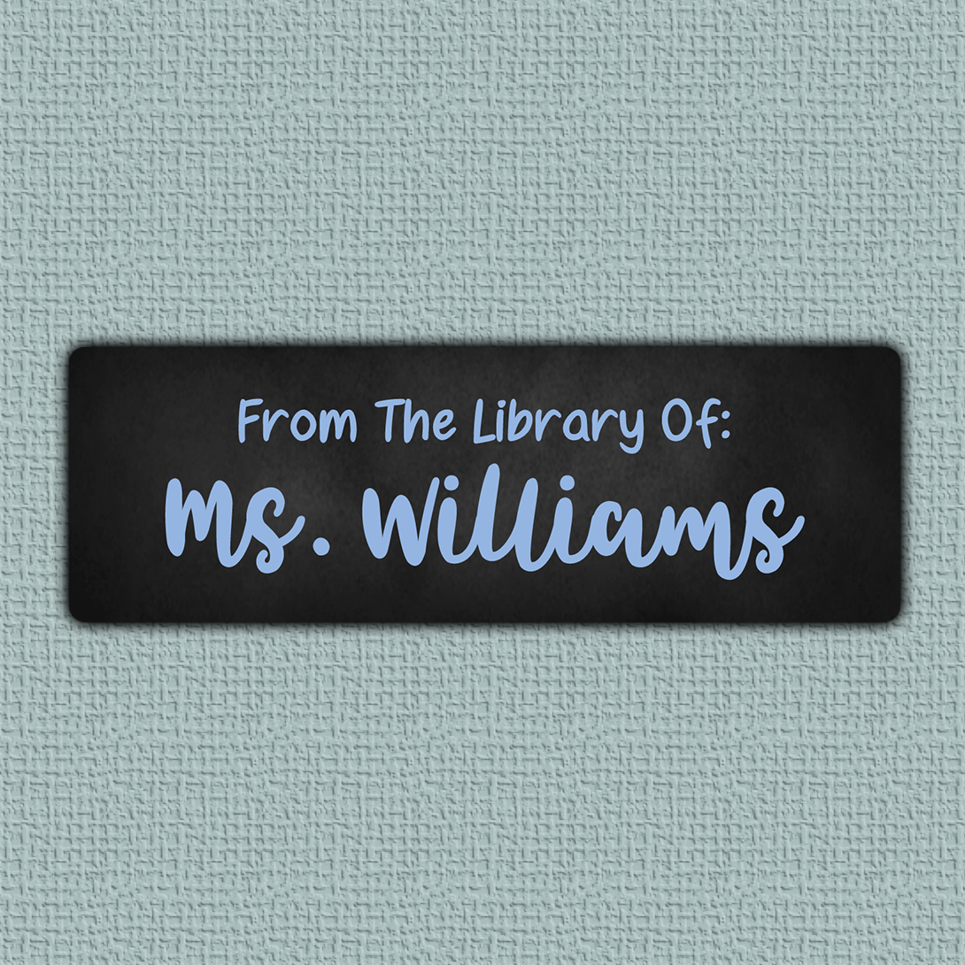 Blue Chalkboard Name Stickers - Blue bold script name with sans serif text above it on a blackboard background