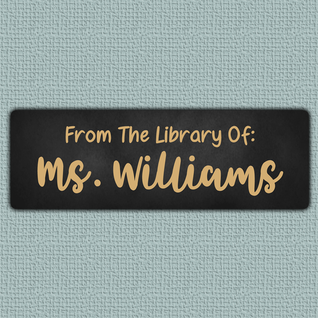 Orange Chalkboard Name Stickers - Orange bold script name with sans serif text above it on a blackboard background