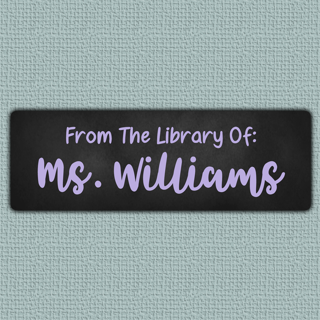 Purple Chalkboard Name Stickers - Purple bold script name with sans serif text above it on a blackboard background
