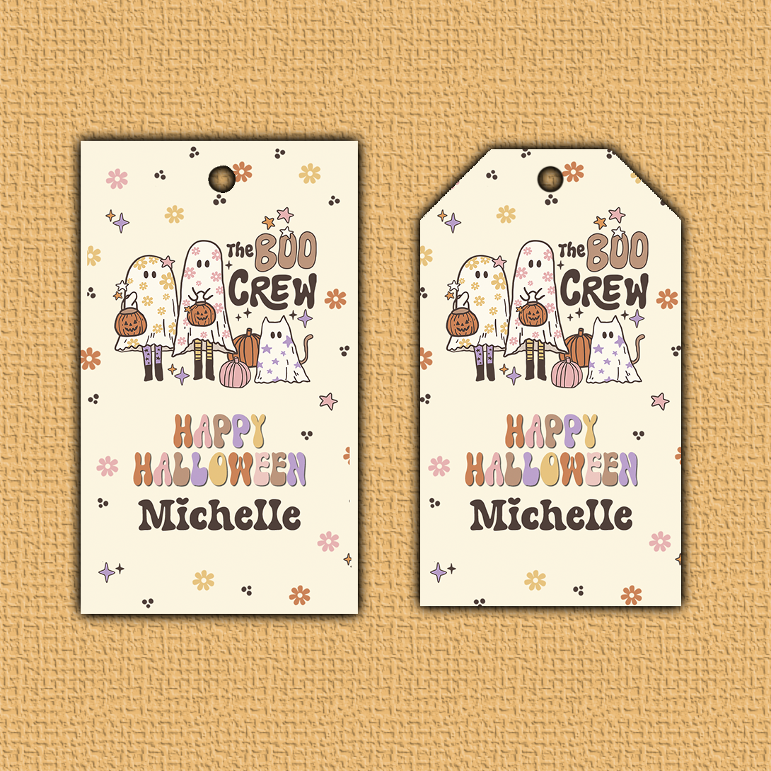 Two Halloween-themed gift tags with cartoon ghosts and pumpkins on a textured beige background.