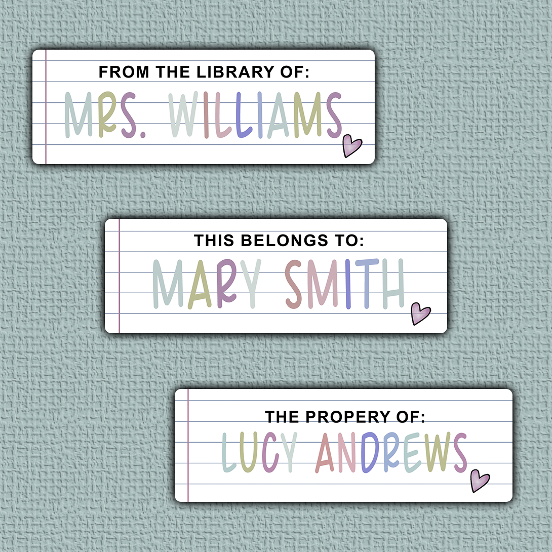 Lined Paper Name Stickers - colorful rainbow print on lined paper with a small heart on the right side