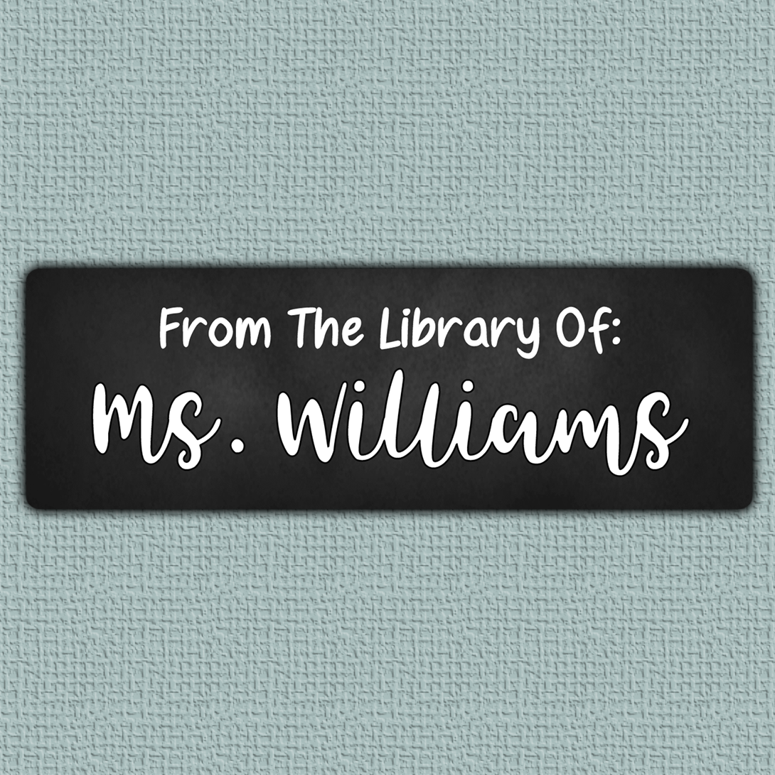 White Chalkboard Name Stickers - White bold script name with sans serif text above it on a blackboard background