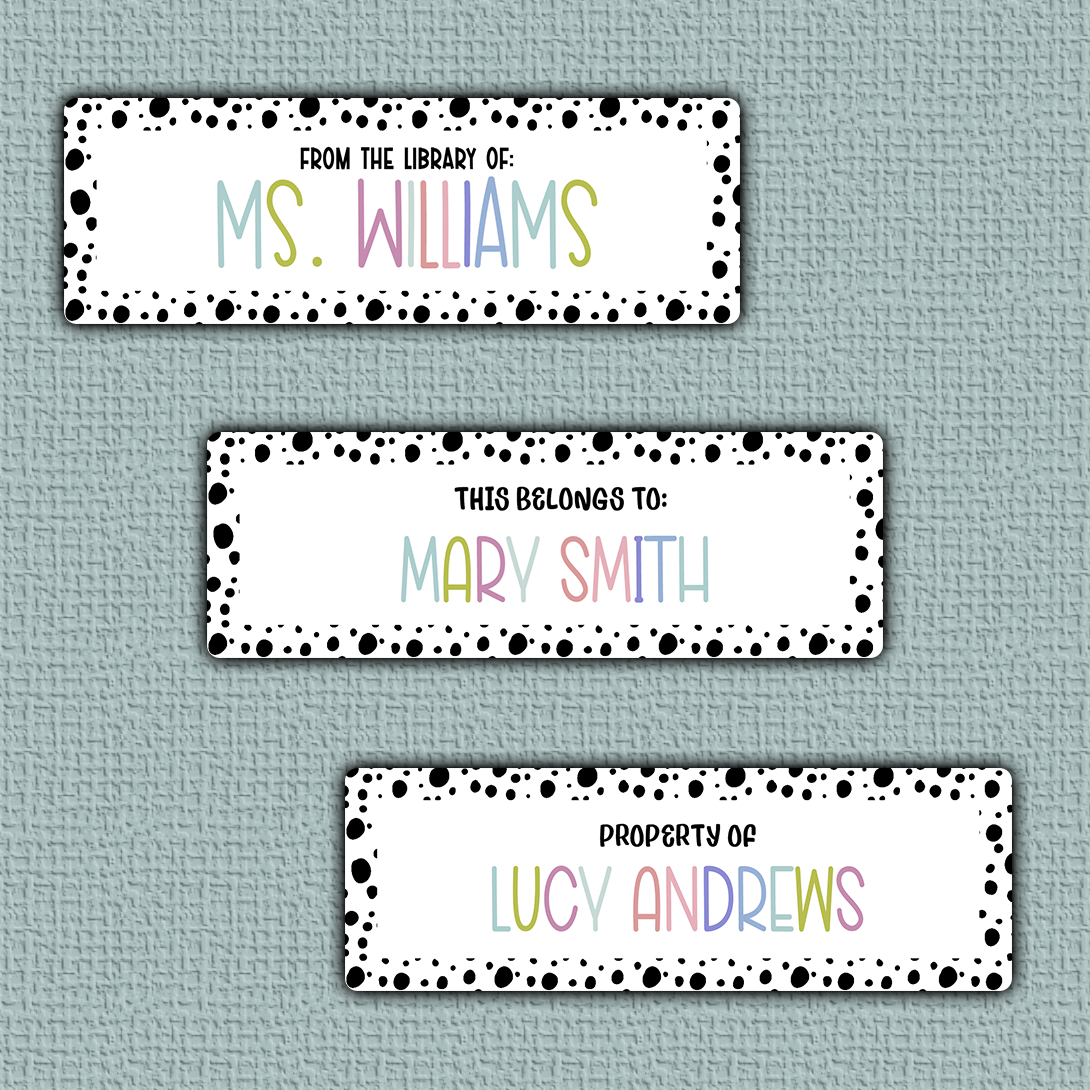 Spotted Border Name Stickers - colorful colored print surrounded by dotten border and teacher themed on the side.
