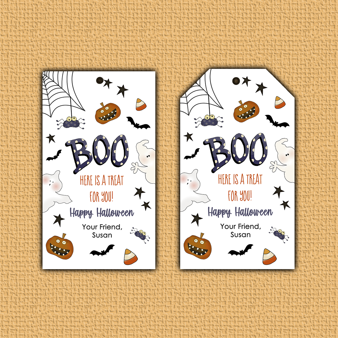 Boo Halloween Hang Tag - two tags, one with square corner and the other with angled, with a large purple yellow poka dotted BOO surrounded by ghosts, pumkin and bats.