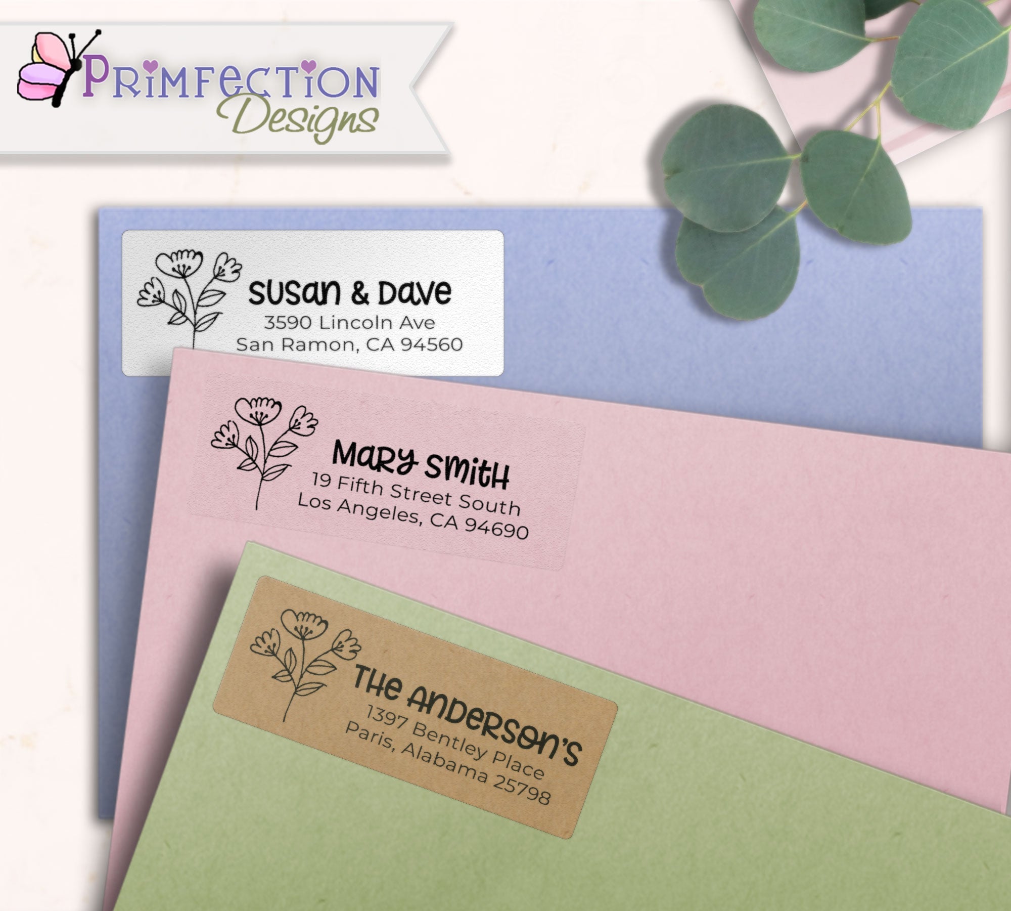Rustic Line Art Flowers Return Address Labels on envelopes