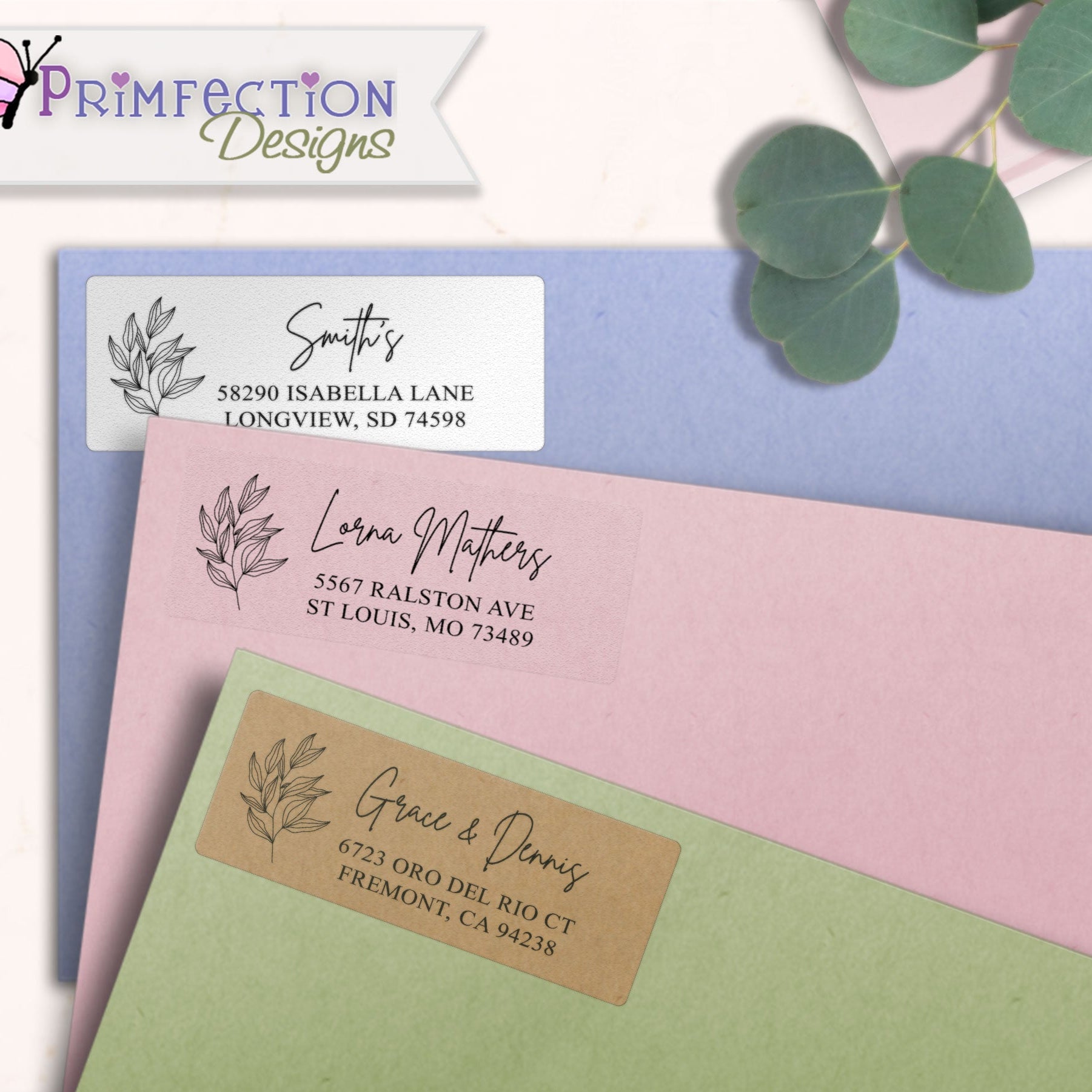 Olive Leaves Line Art Return Address Labels on envelopes