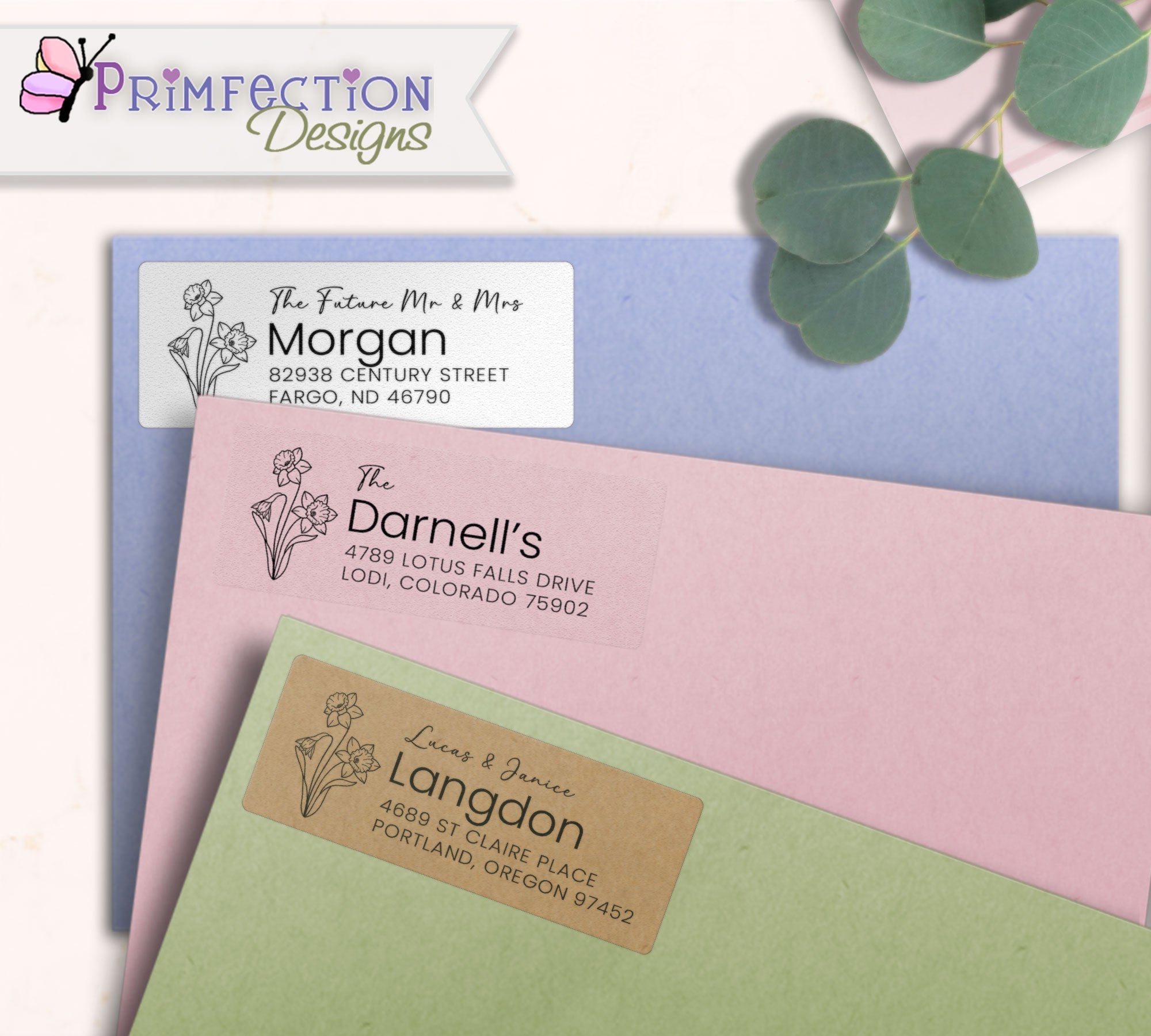 Daffodils Line Art Return Address Labels on envelopes