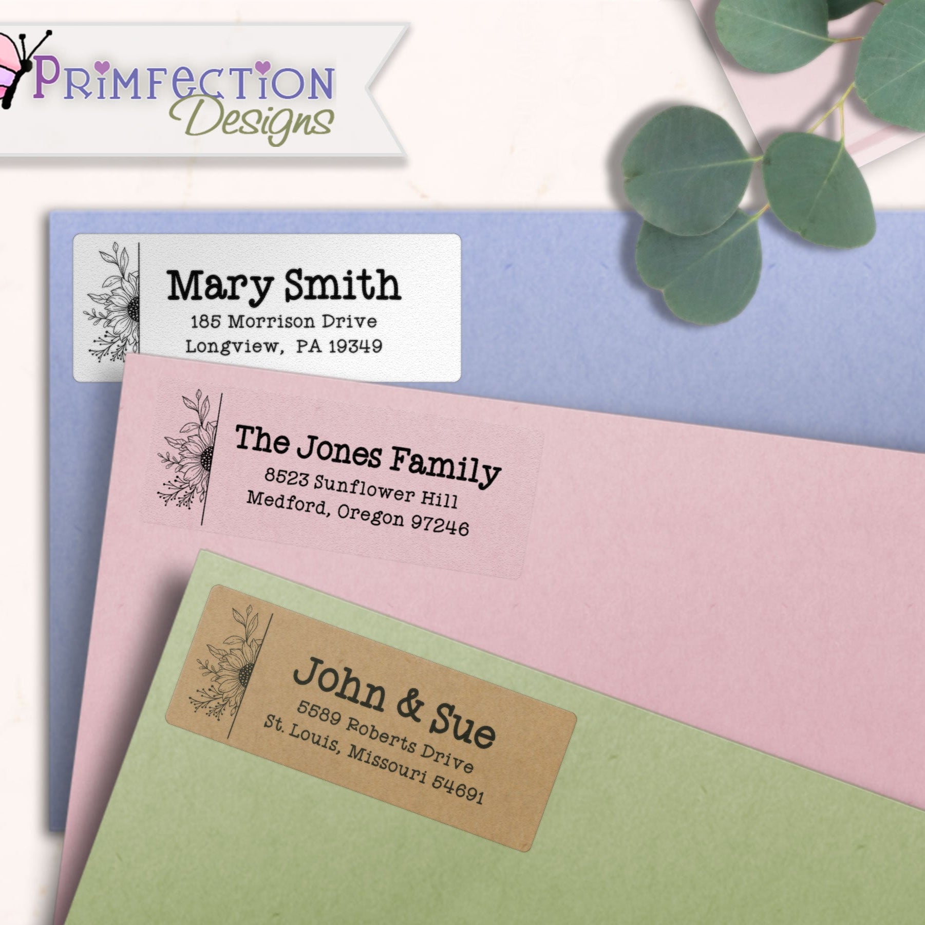 Sunflower Line Art Return Address Labels on envelopes