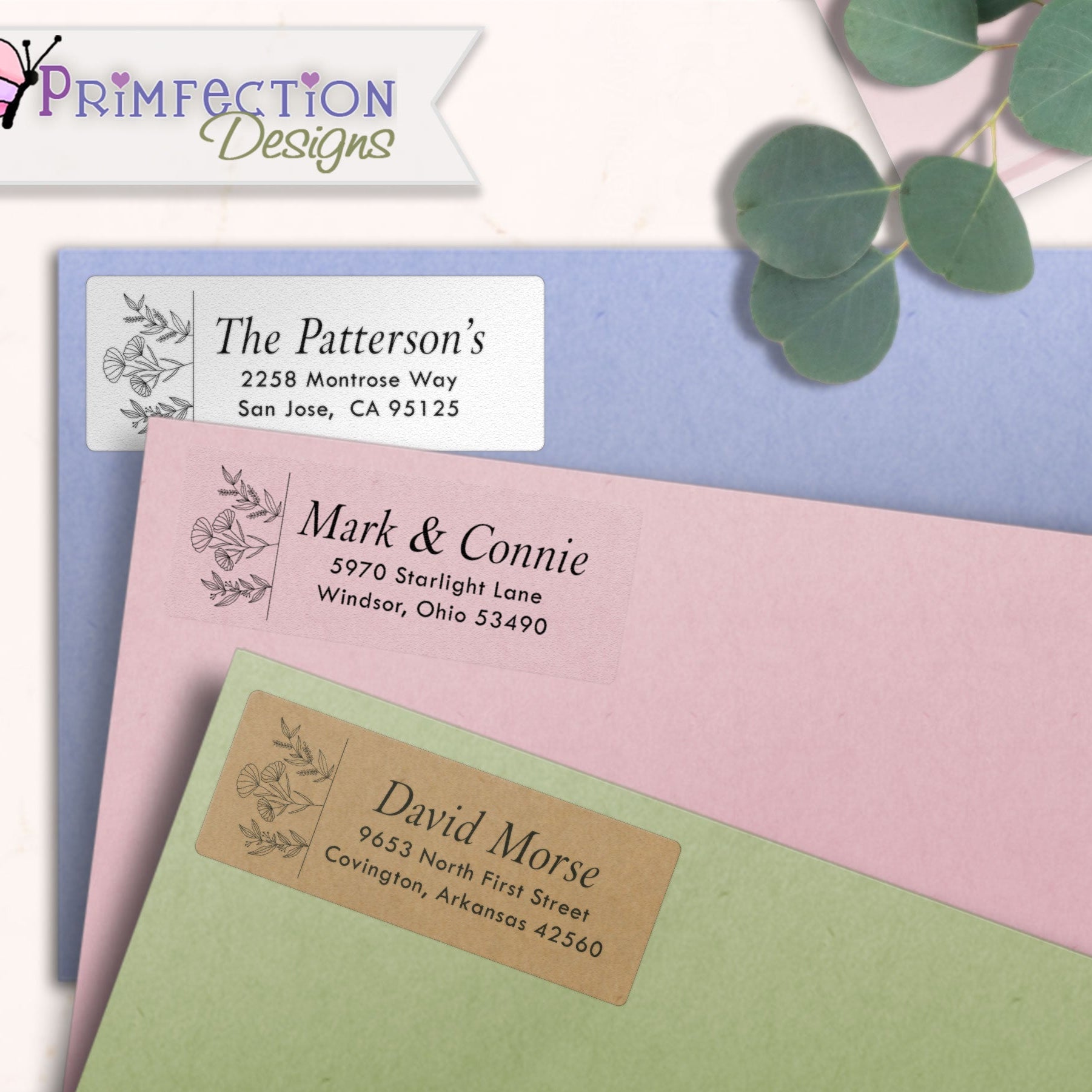 Wildflowers Line Art Return Address Labels on envelopes