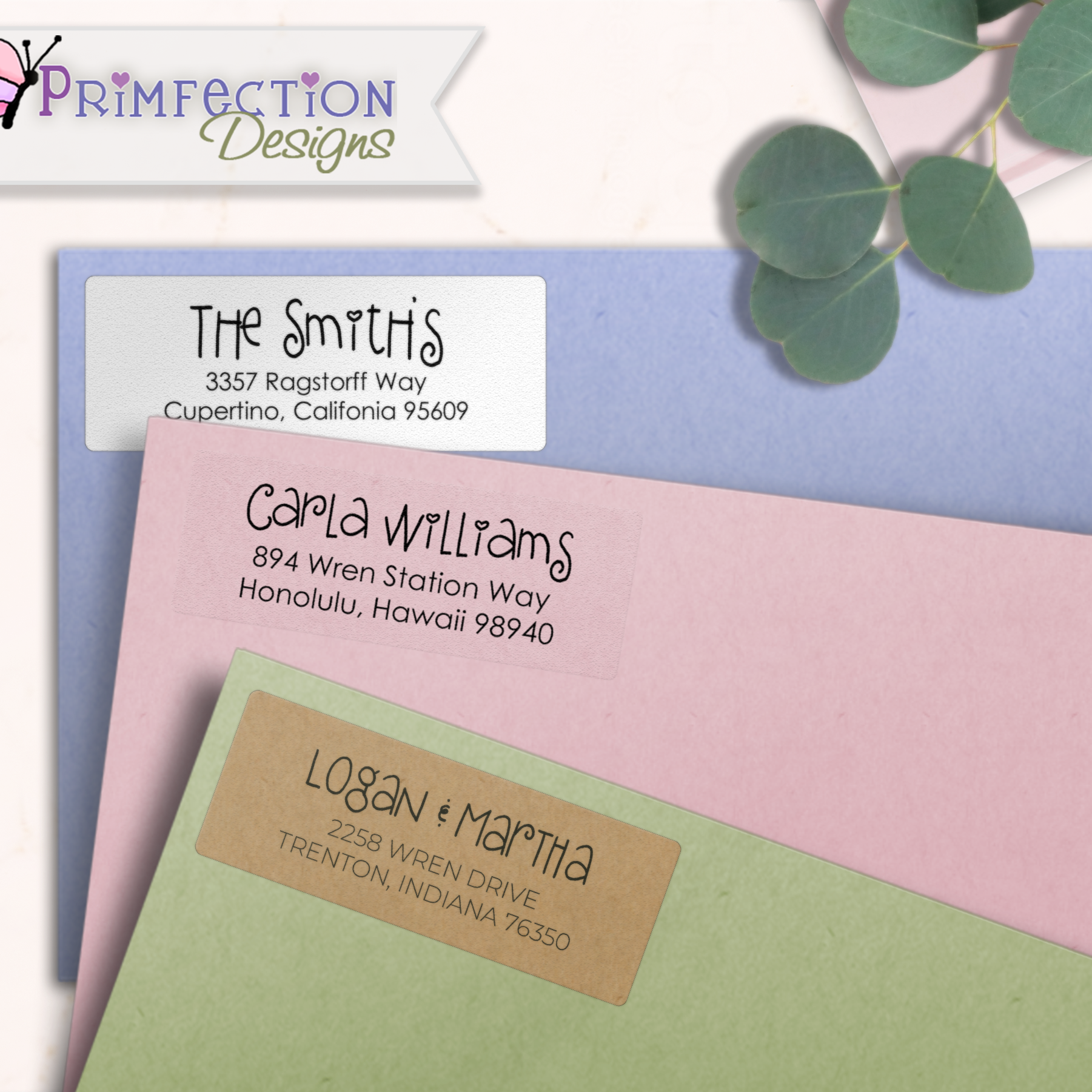 Whimsical Script Return Address Labels on Evelopes