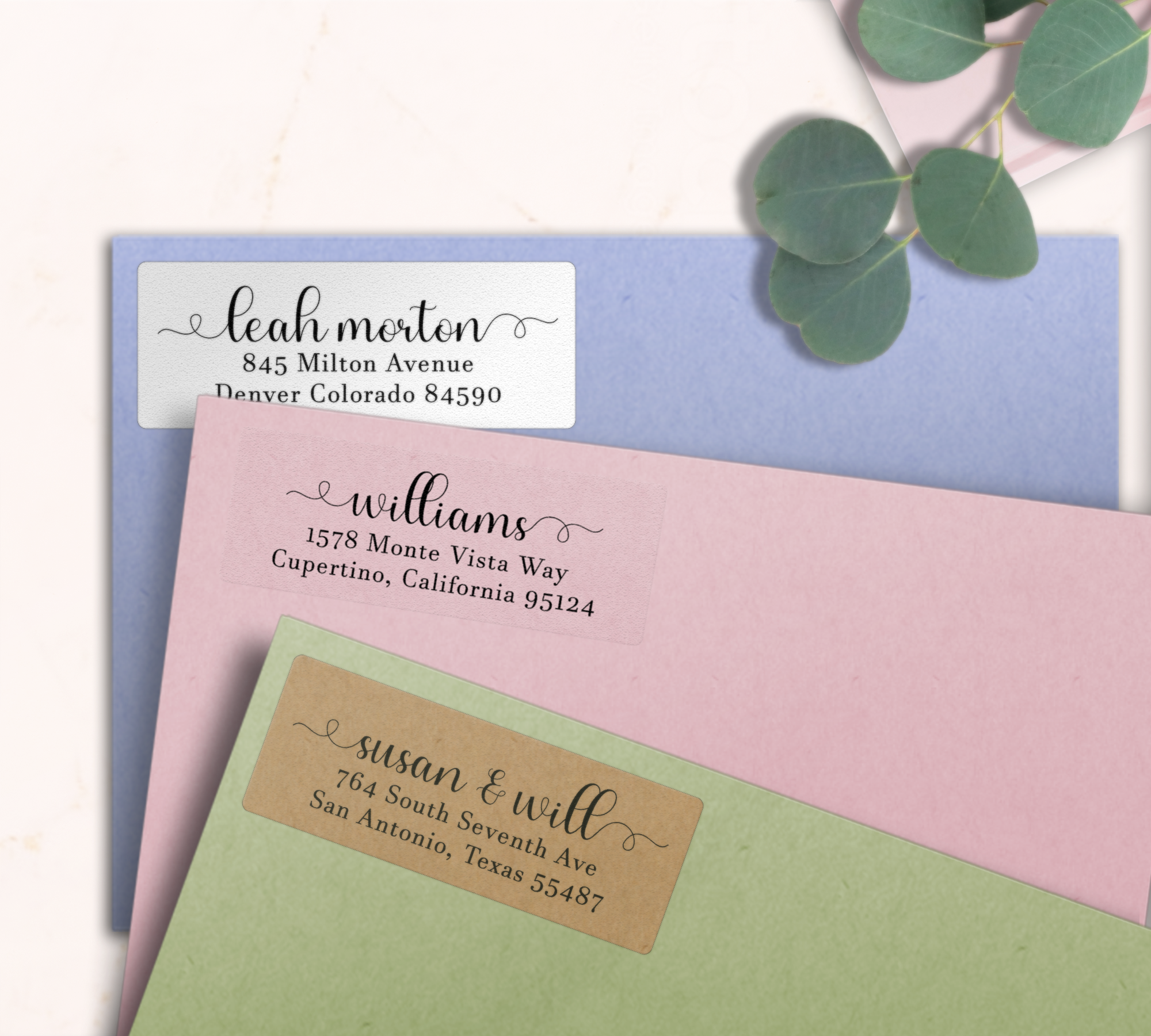 Bold Flourish Script Return Address Labels on Evelopes