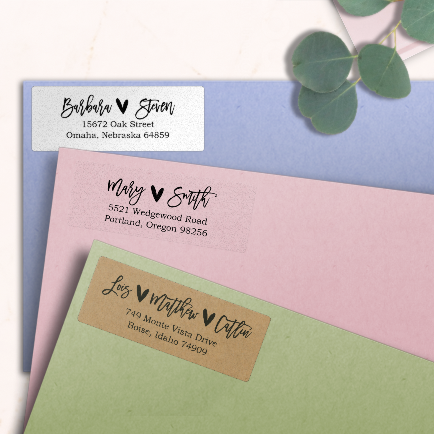 Brush Script Heart Return Address Labels on Evelopes