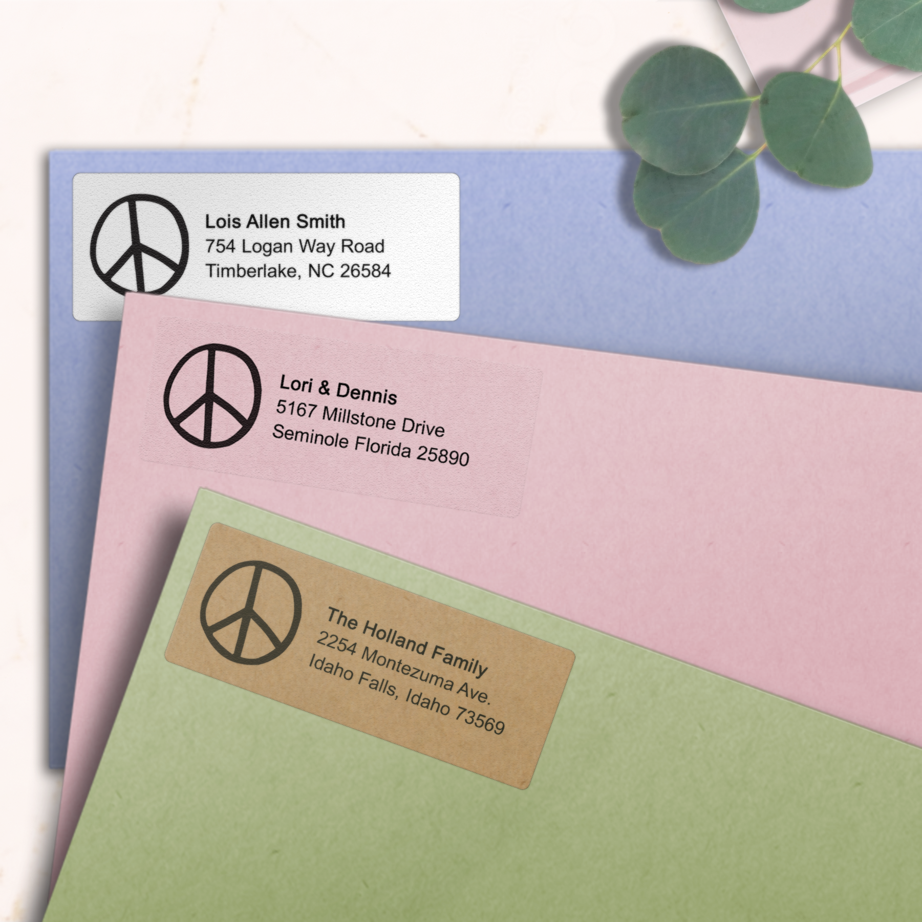 Simple Peace Sign Return Address Labels on Evelopes