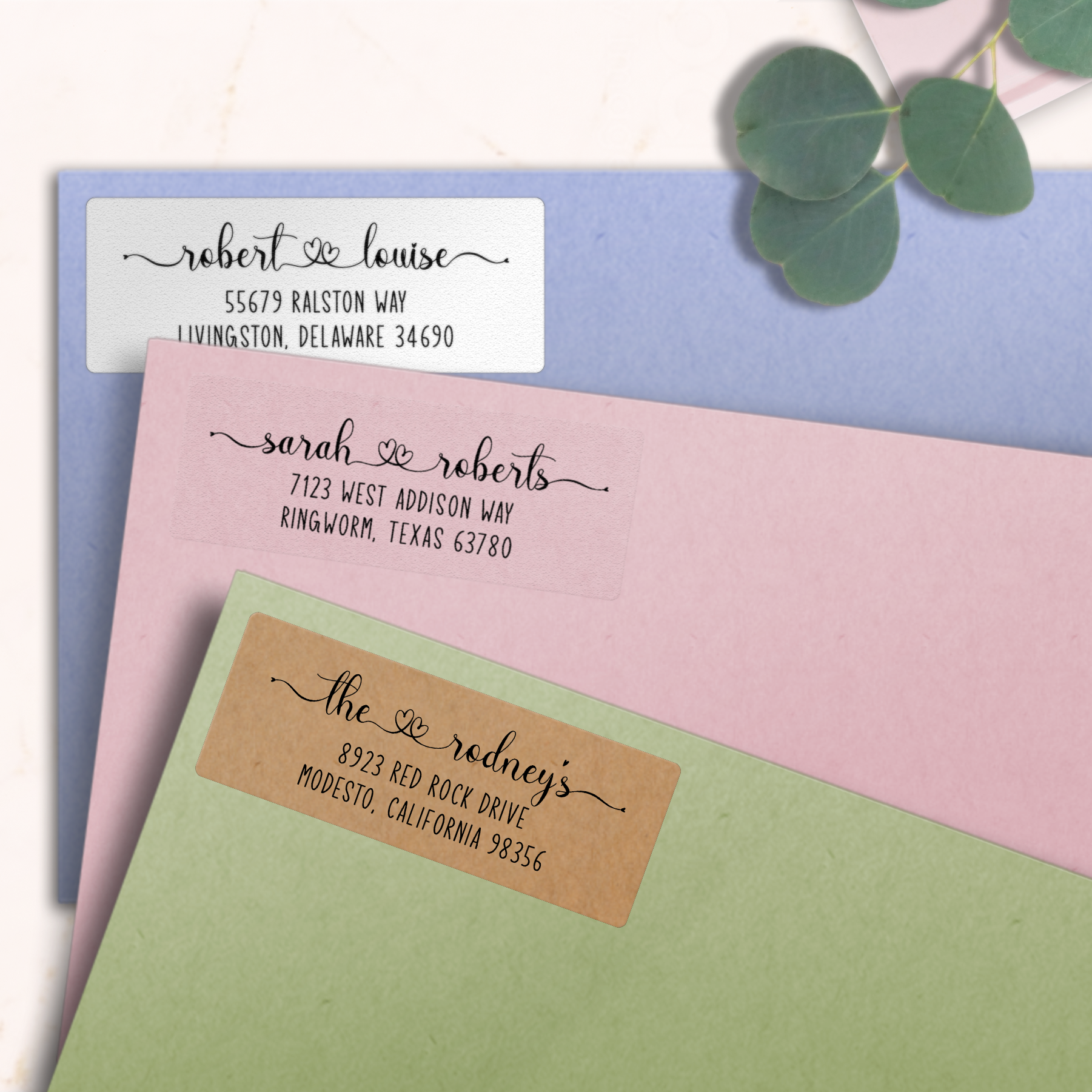 Double Heart Swash Return Address Labels on Evelopes