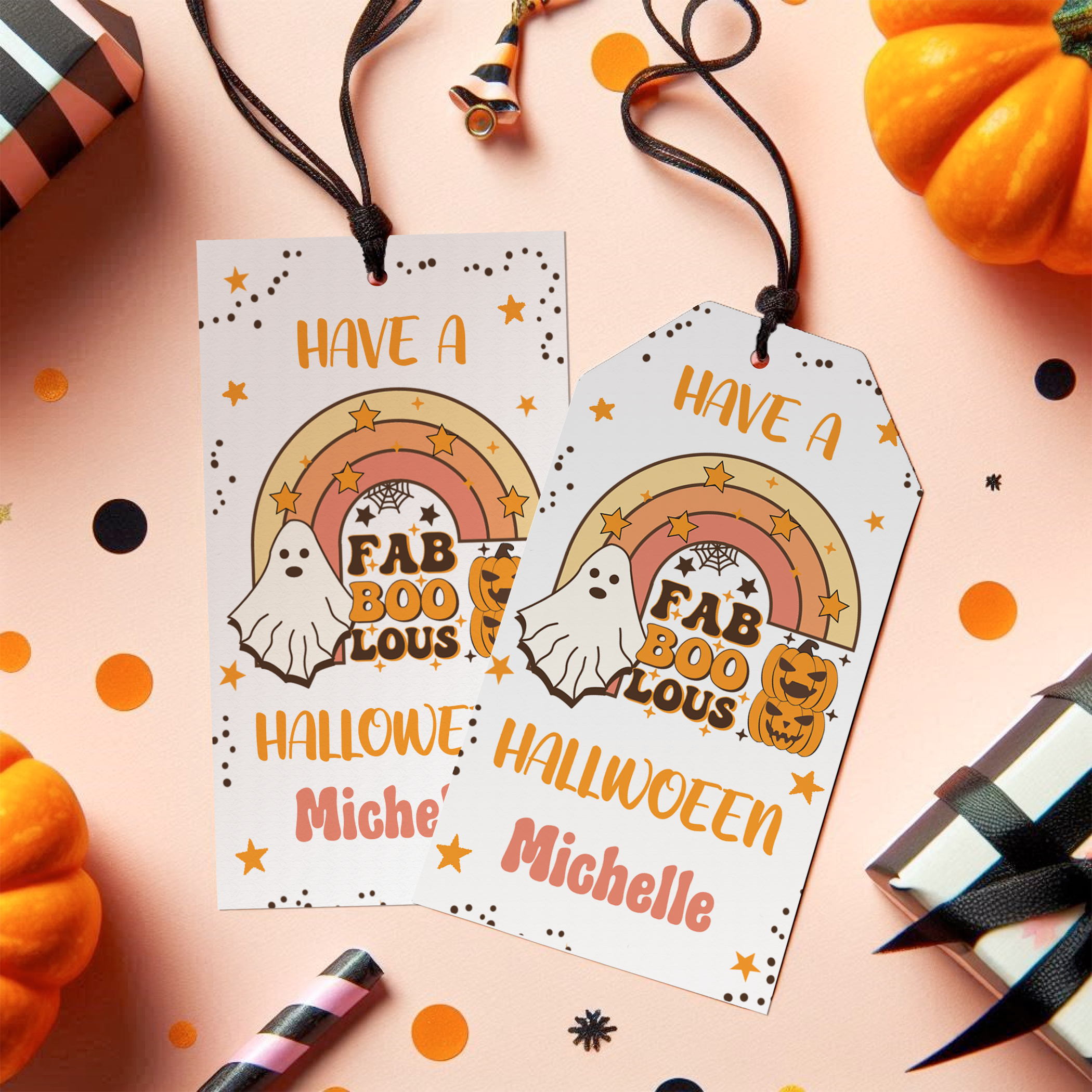 GroovyGhost Halloween Hang Tag with square corners on brown paper bag