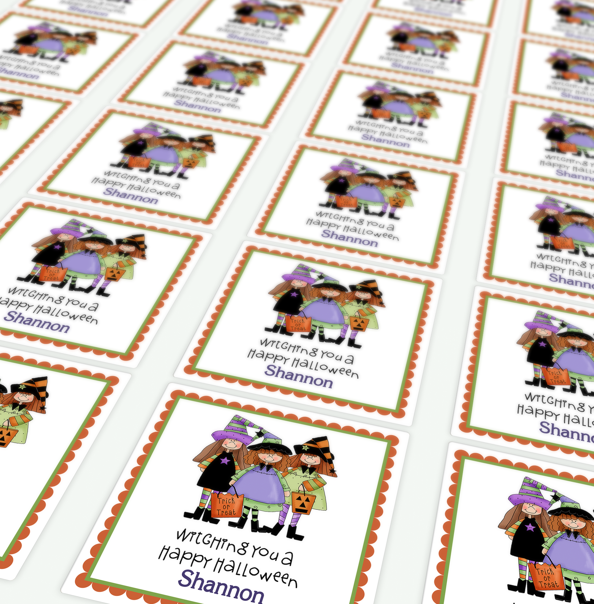 Sheet of Little Witch Trio Halloween Square Stickers