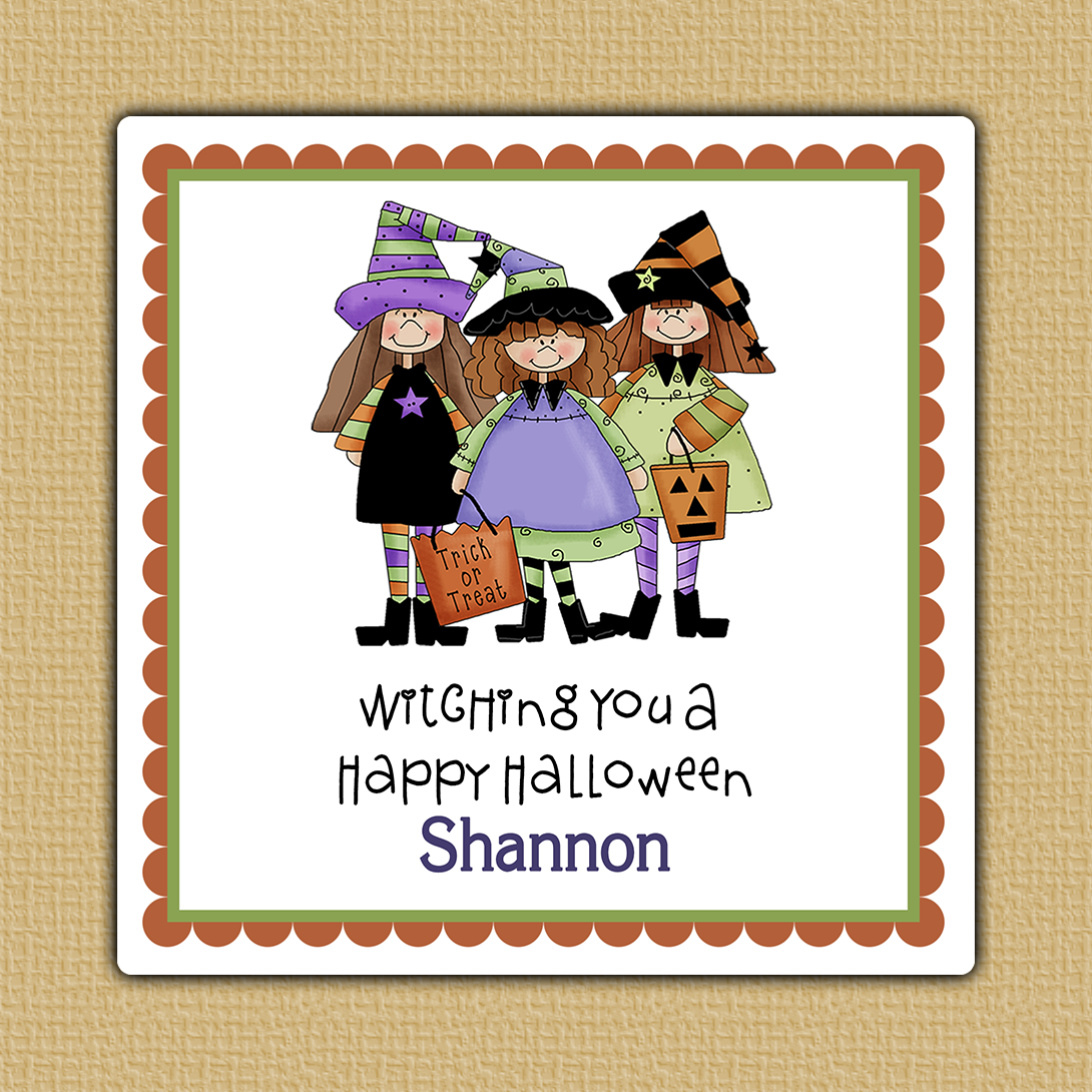 Little Witch Trio Halloween Square Stickers - Three girls trick or treating as witches on a white square sticker with a green and lavender scalloped border