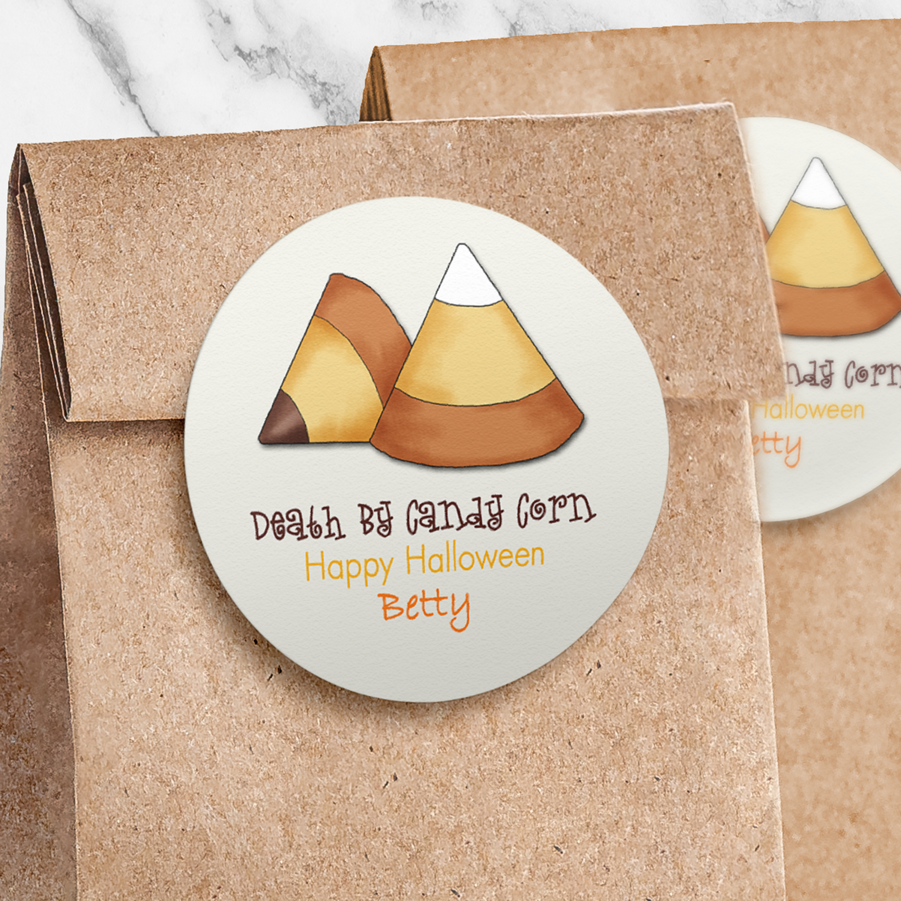 Candy Corn Sticker on brown paper bag