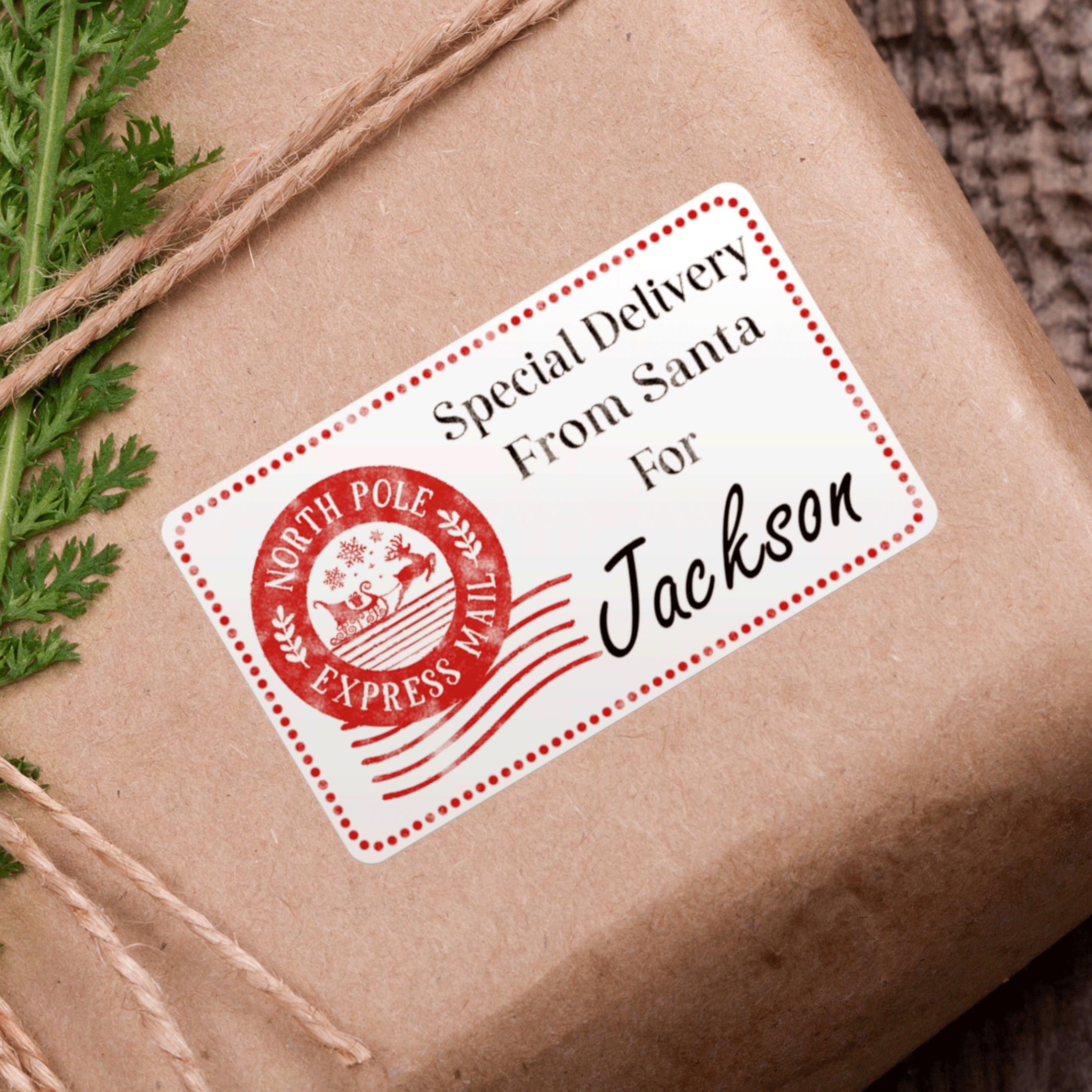 Personalized Red Special Deliver From Santa Stickers on brown package