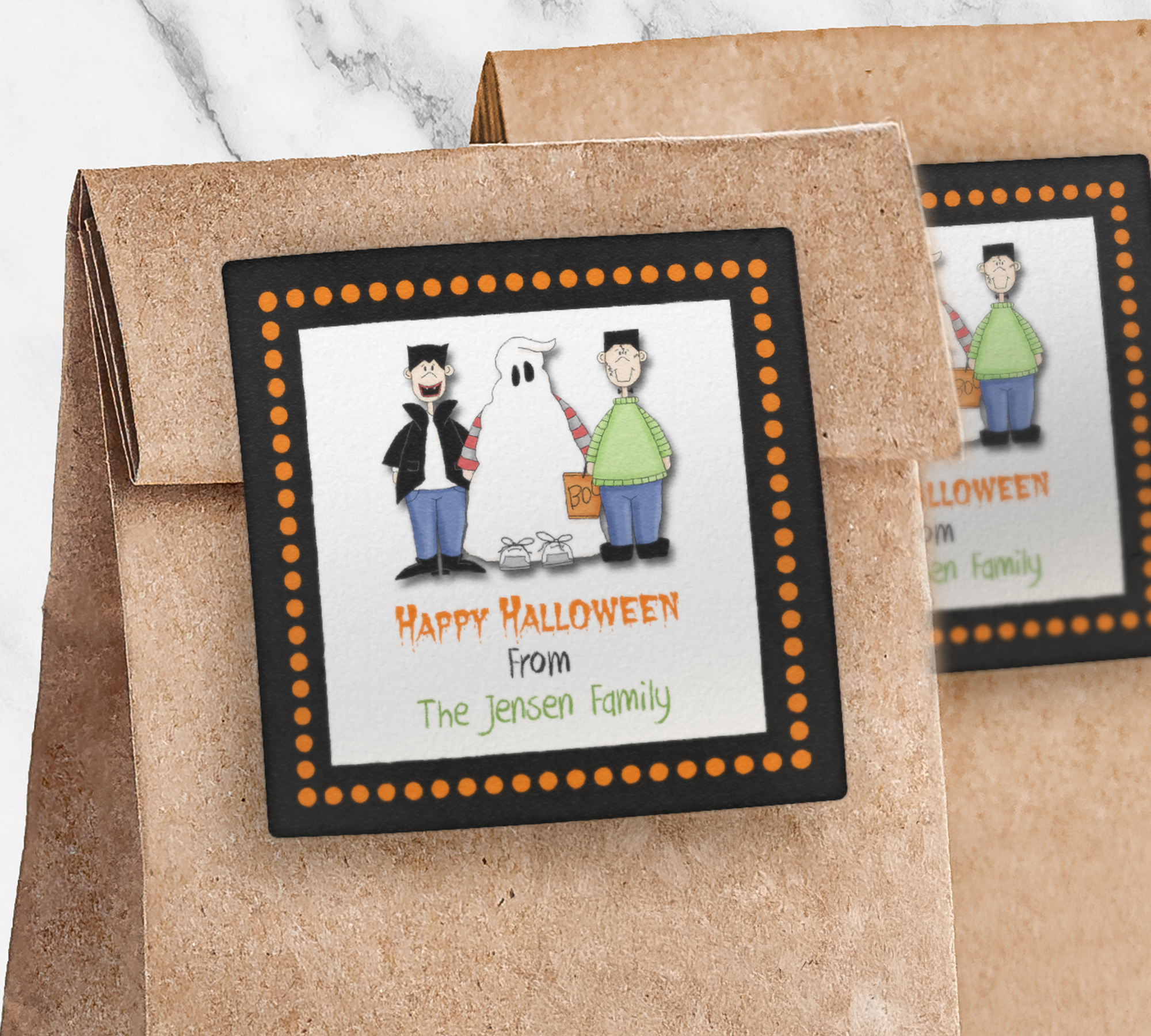 Little Monster Trio Halloween Square Sticker on brown paper bag