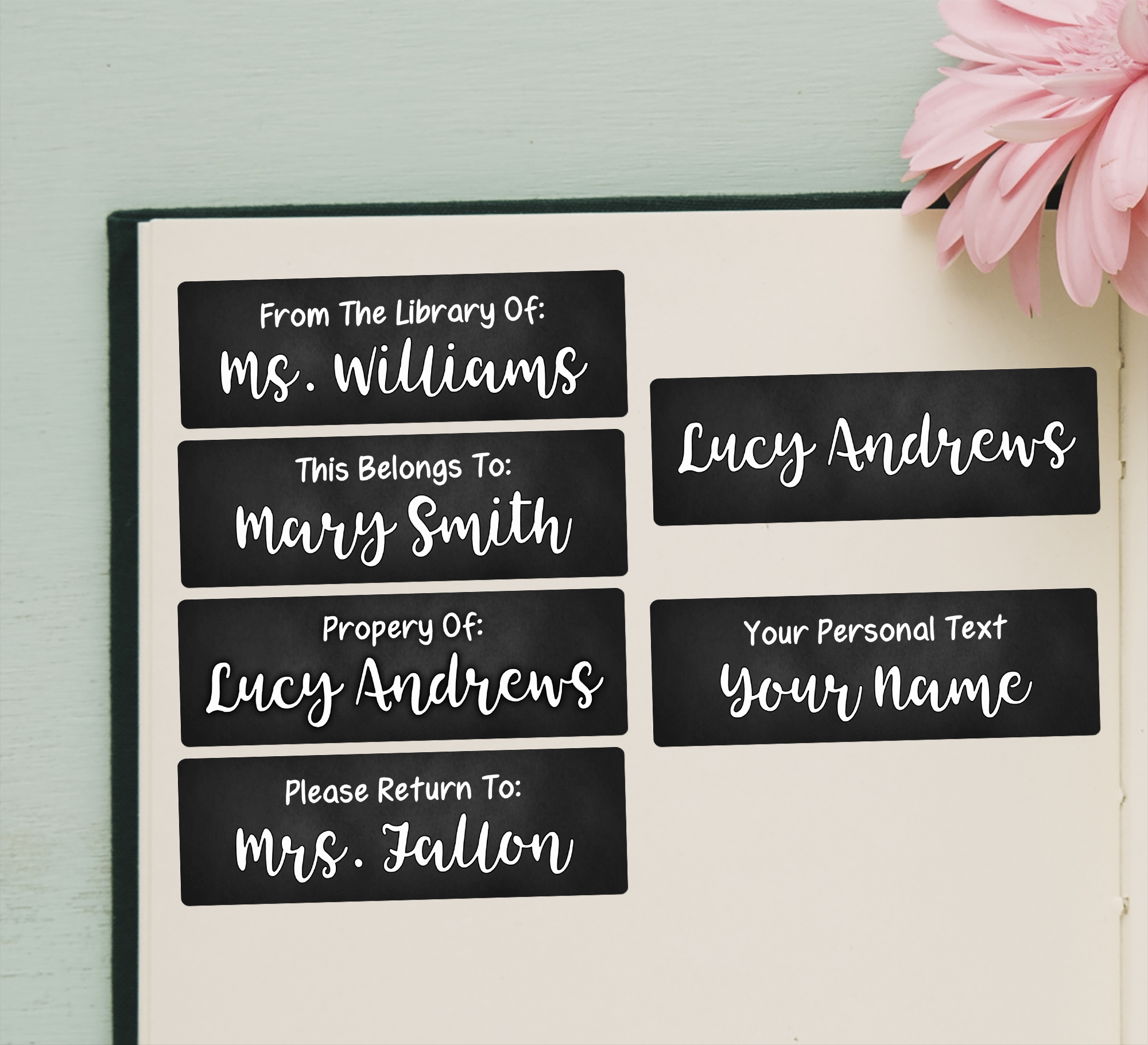 White Chalkboard Name Stickers - examples of each option