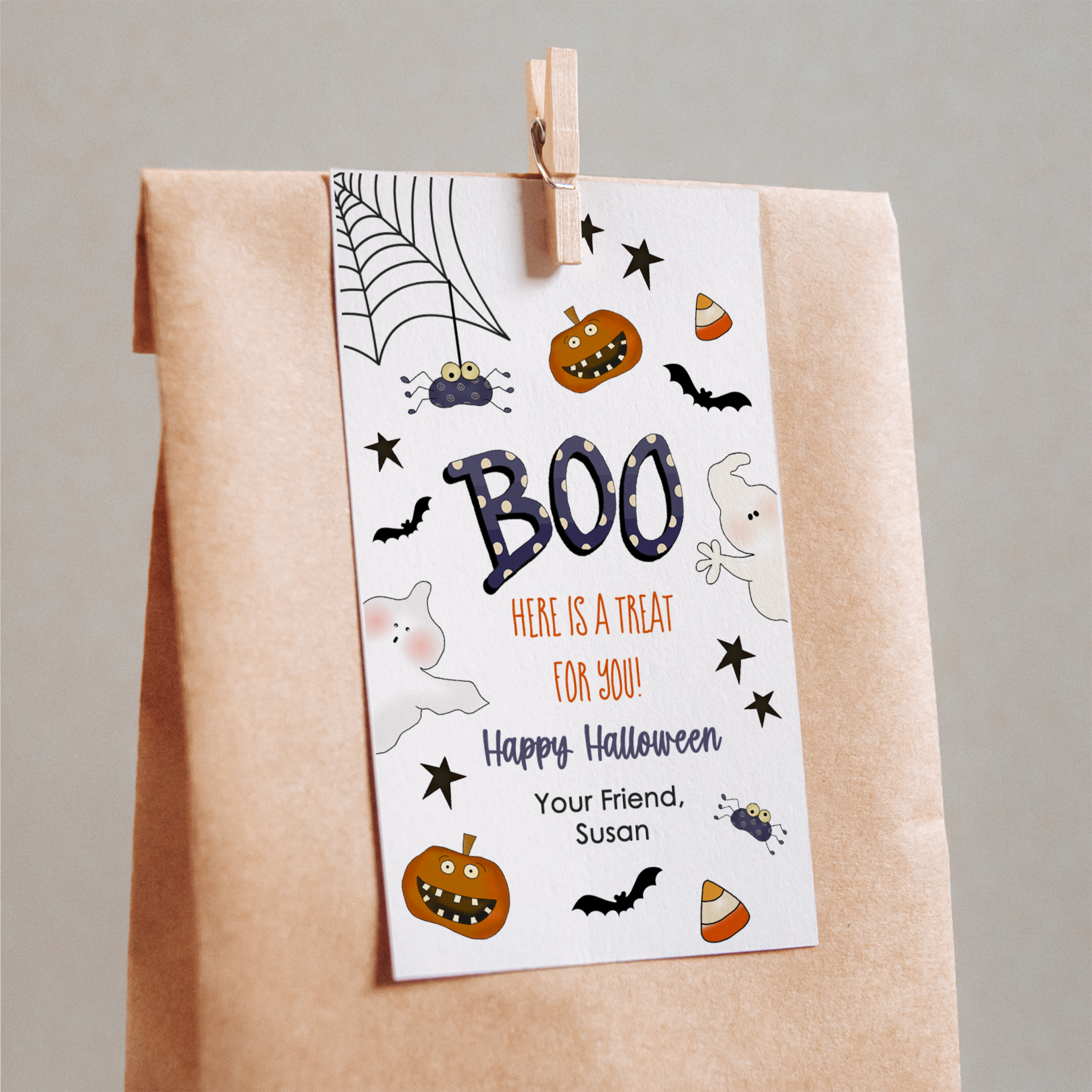 Bat Halloween Hang Tag with square corners on brown paper bag