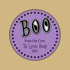 Boo Halloween Round Halloween Round Stickers -round light purple stickers with black text and ghost eyes peeping through the BOO graphic