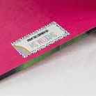 Rainbow Spotted Border Name Stickers on red inside cover of book