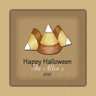 Candy Corn Square Halloween Sticker - Two candy corn candies on brown background with colorul font