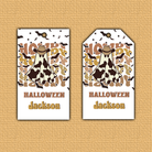 Two Halloween-themed tags with a cowgirl design on a textured beige background.