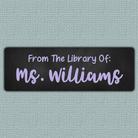 Purple Chalkboard Name Stickers - Purple bold script name with sans serif text above it on a blackboard background