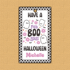 GroovyGhost Halloween Hang Tag - two tags, one with square corner and the other with angled, with the words GroovyGhost in the forground, ghost and rainbow in background