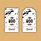 Bat Halloween Hang Tag - two tags, one with square corner and the other with angled, with a blacl bat om the corner surrounded by stars with back and orange wording.
