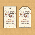 Two Halloween-themed gift tags with cartoon ghosts and pumpkins on a textured beige background.