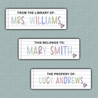 Lined Paper Name Stickers - colorful rainbow print on lined paper with a small heart on the right side
