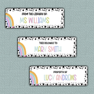 Rainbow Spotted Border Name Stickers - colorful rainbow colored print surrounded by dotten border and teacher themed rainbow on the side.