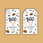 Boo Halloween Hang Tag - two tags, one with square corner and the other with angled, with a large purple yellow poka dotted BOO surrounded by ghosts, pumkin and bats.