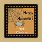 Spider Web Halloween Square Sticker - Gray spider and his web on an orange background and black dotted broder on a square sticker