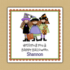Little Witch Trio Halloween Square Stickers - Three girls trick or treating as witches on a white square sticker with a green and lavender scalloped border
