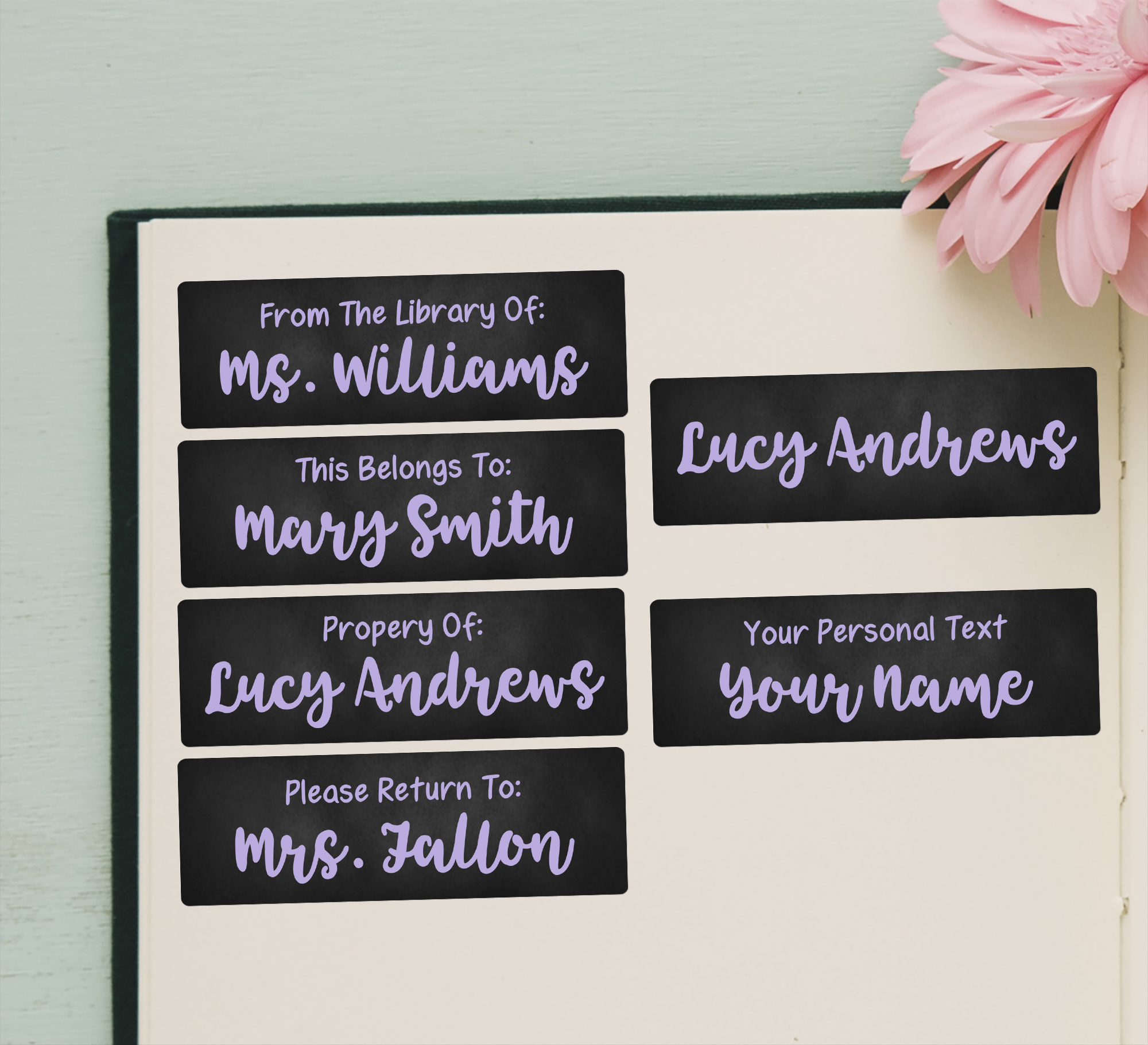 Purple Chalkboard Name Stickers - examples of each option